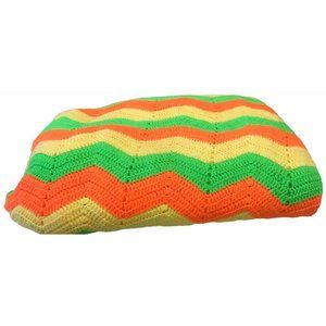 Vtg Handmade Knit Crochet Orange Holiday Blanket